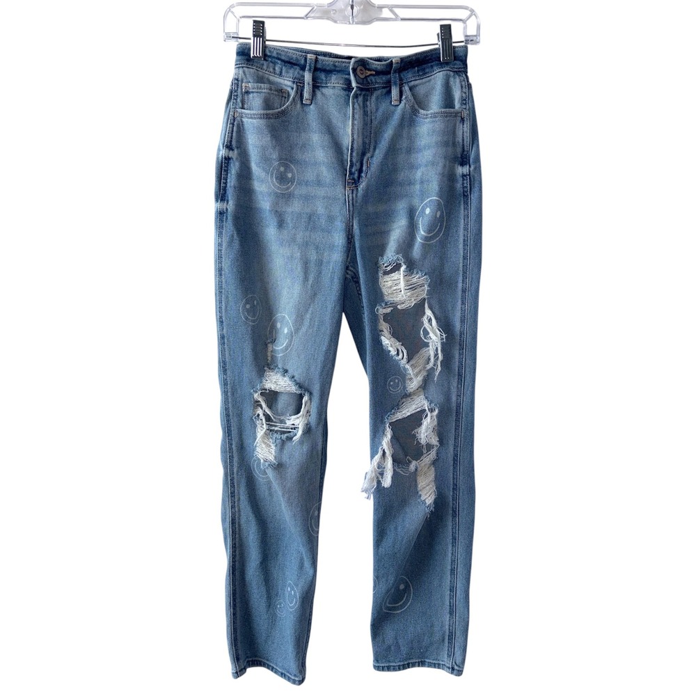 Hollister Ultra High-Rise Mom Jeans Smiley Face Distressed Light Wash Size 1R 25